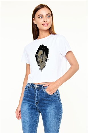 Playboi Carti Baskılı Beyaz Crop Top Kadın Tişört - Tshirt