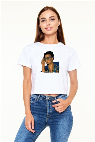 Playboi Carti Baskılı Beyaz Crop Top Kadın Tişört - Tshirt