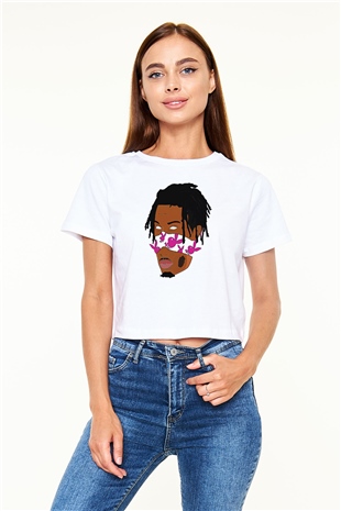 Playboi Carti Baskılı Beyaz Crop Top Kadın Tişört - Tshirt