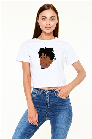 Playboi Carti Baskılı Beyaz Crop Top Kadın Tişört - Tshirt