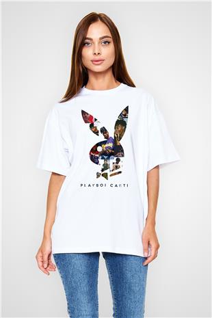 Playboi Carti Baskılı Beyaz Unisex Oversize Tişört - Tshirt
