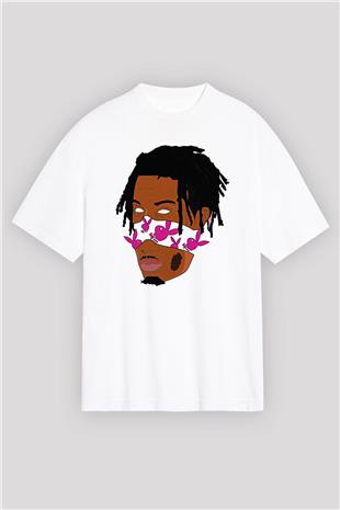 Playboi Carti Baskılı Beyaz Unisex Oversize Tişört - Tshirt