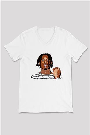 Playboi Carti Baskılı Beyaz Unisex V Yaka Tişört - Tshirt