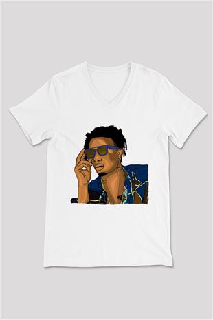 Playboi Carti Baskılı Beyaz Unisex V Yaka Tişört - Tshirt