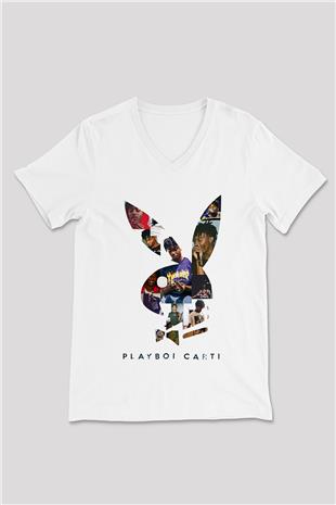 Playboi Carti Baskılı Beyaz Unisex V Yaka Tişört - Tshirt