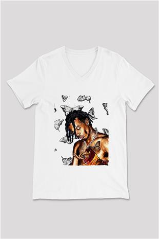 Playboi Carti Baskılı Beyaz Unisex V Yaka Tişört - Tshirt