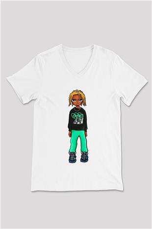 Playboi Carti Baskılı Beyaz Unisex V Yaka Tişört - Tshirt