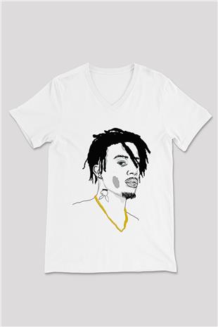 Playboi Carti Baskılı Beyaz Unisex V Yaka Tişört - Tshirt