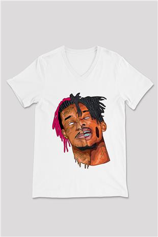 Playboi Carti Baskılı Beyaz Unisex V Yaka Tişört - Tshirt