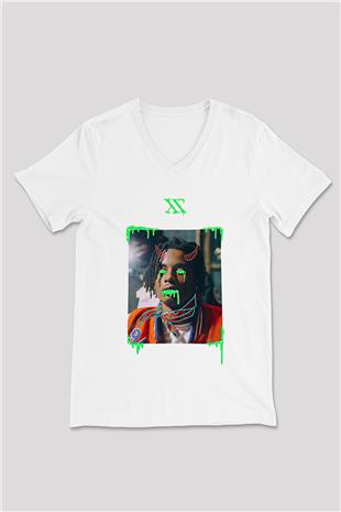 Playboi Carti Baskılı Beyaz Unisex V Yaka Tişört - Tshirt