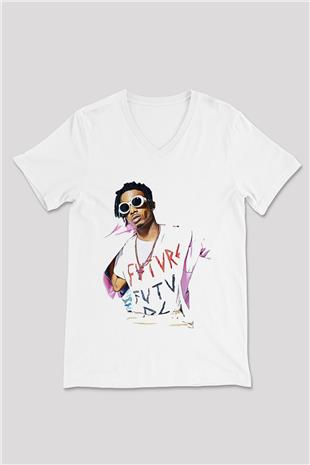 Playboi Carti Baskılı Beyaz Unisex V Yaka Tişört - Tshirt