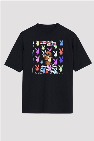 Playboi Carti Baskılı Unisex Siyah Oversize Tişört - Tshirt