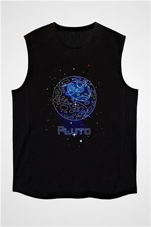 Plüton Çizim Baskılı Unisex Kolsuz Siyah Tişört - Tshirt