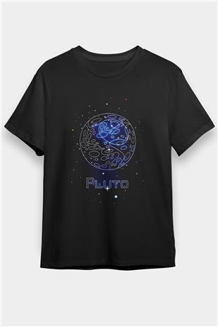 Plüton Çizim Baskılı Unisex Siyah Tişört - Tshirt
