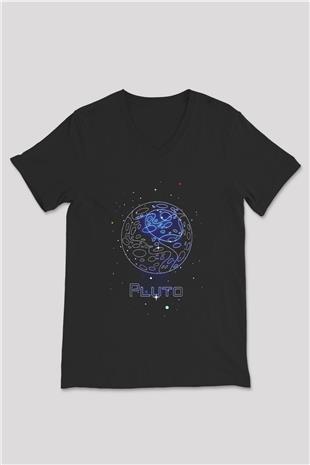 Plüton Çizim Baskılı Unisex V Yaka Siyah Tİşört - Tshirt