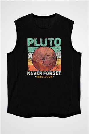 Plüton Çizim Unutma Baskılı Unisex Kolsuz Siyah Tişört - Tshirt