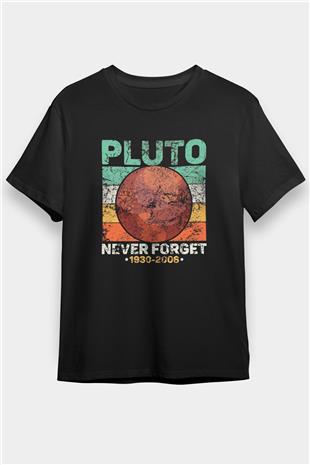 Plüton Çizim Unutma Baskılı Unisex Siyah Tişört - Tshirt