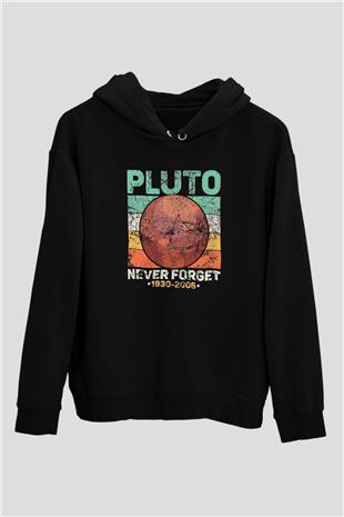 Plüton Çizim Unutma Baskılı Unisex Siyah Kapüşonlu Sweatshirt