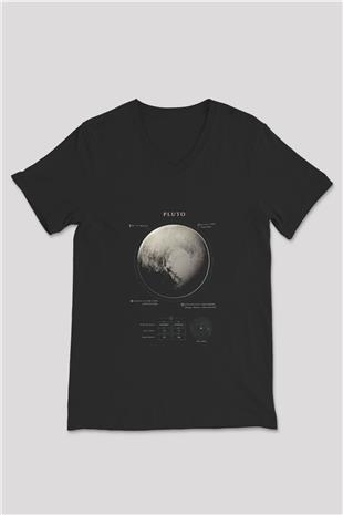 Plüton Fiziksel Özellikleri Baskılı Unisex V Yaka Siyah Tİşört - Tshirt