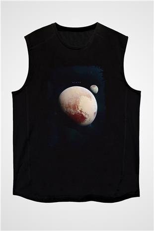 Plüton Fotoğraf Baskılı Unisex Kolsuz Siyah Tişört - Tshirt