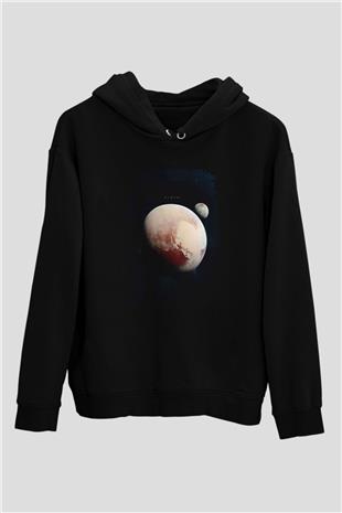 Plüton Fotoğraf Baskılı Unisex Siyah Kapüşonlu Sweatshirt