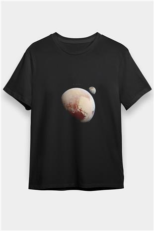 Plüton Fotoğraf Baskılı Unisex Siyah Tişört - Tshirt