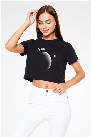 Plüton Siyah Crop Top Tişört
