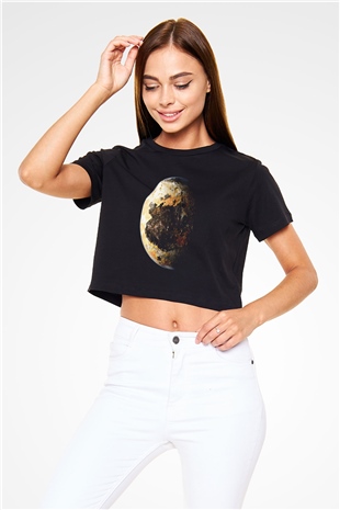 Plüton Siyah Crop Top Tişört
