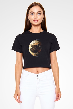Plüton Siyah Crop Top Tişört