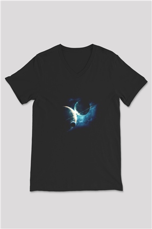 Plüton Siyah Unisex V Yaka Tişört T-Shirt