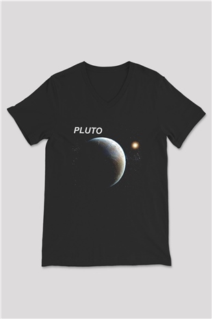 Plüton Siyah Unisex V Yaka Tişört T-Shirt