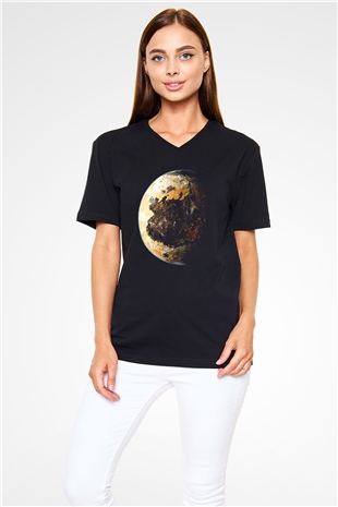 Plüton Siyah Unisex V Yaka Tişört T-Shirt