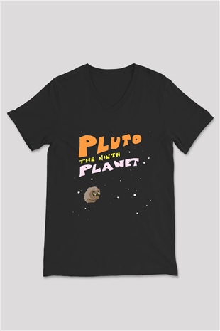 Plüton Siyah Unisex V Yaka Tişört T-Shirt