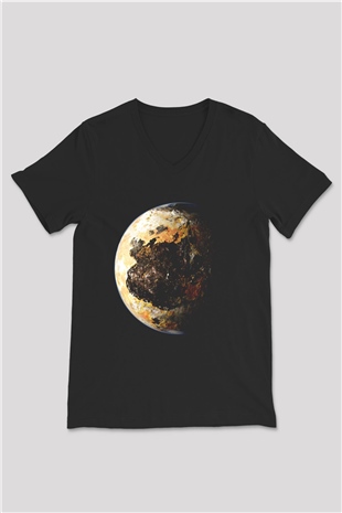 Plüton Siyah Unisex V Yaka Tişört T-Shirt