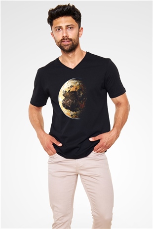 Plüton Siyah Unisex V Yaka Tişört T-Shirt