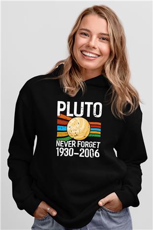 Plüton Unutma Baskılı Unisex Siyah Kapüşonlu Sweatshirt