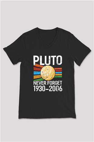 Plüton Unutma Baskılı Unisex V Yaka Siyah Tİşört - Tshirt