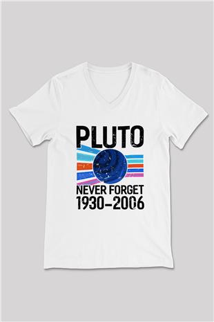 Plütonu Unutma Baskılı Unisex V Yaka Beyaz Tişört - Tshirt