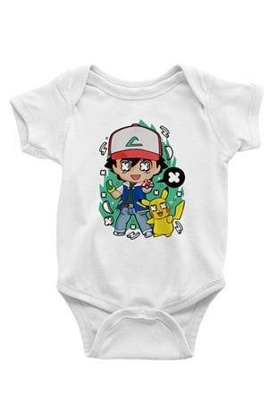 Pokemon Baskılı Unisex Beyaz Bebek Body - Zıbın