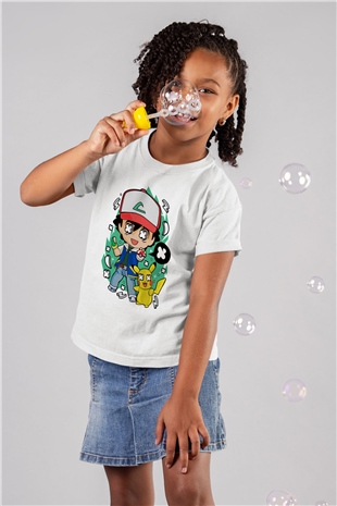 Pokemon Baskılı Unisex Beyaz Çocuk Tişört