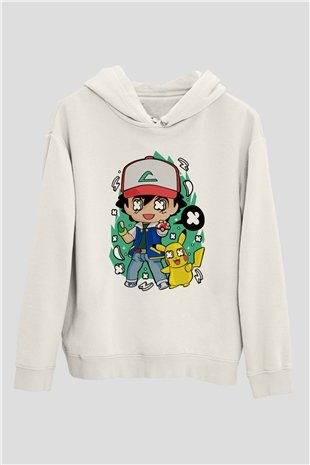 Pokemon Baskılı Unisex Beyaz Hoodie