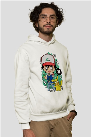Pokemon Baskılı Unisex Beyaz Hoodie