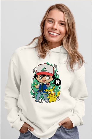 Pokemon Baskılı Unisex Beyaz Hoodie
