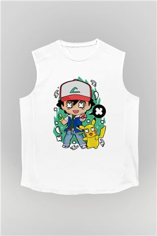 Pokemon Baskılı Unisex Beyaz Kolsuz Tişört