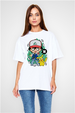 Pokemon Baskılı Unisex Beyaz Oversize Tişört