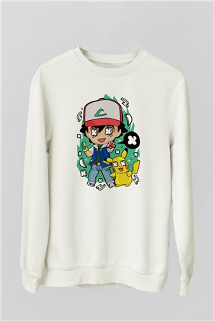 Pokemon Baskılı Unisex Beyaz Sweatshirt