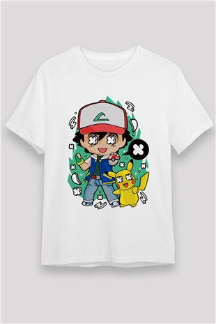 Pokemon Baskılı Unisex Beyaz Tişört