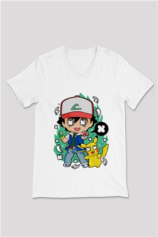 Pokemon Baskılı Unisex Beyaz V Yaka Tişört