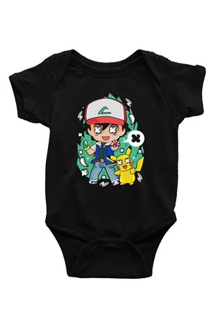 Pokemon Baskılı Unisex Siyah Bebek Body - Zıbın