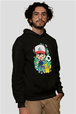Pokemon Baskılı Unisex Siyah Hoodie
